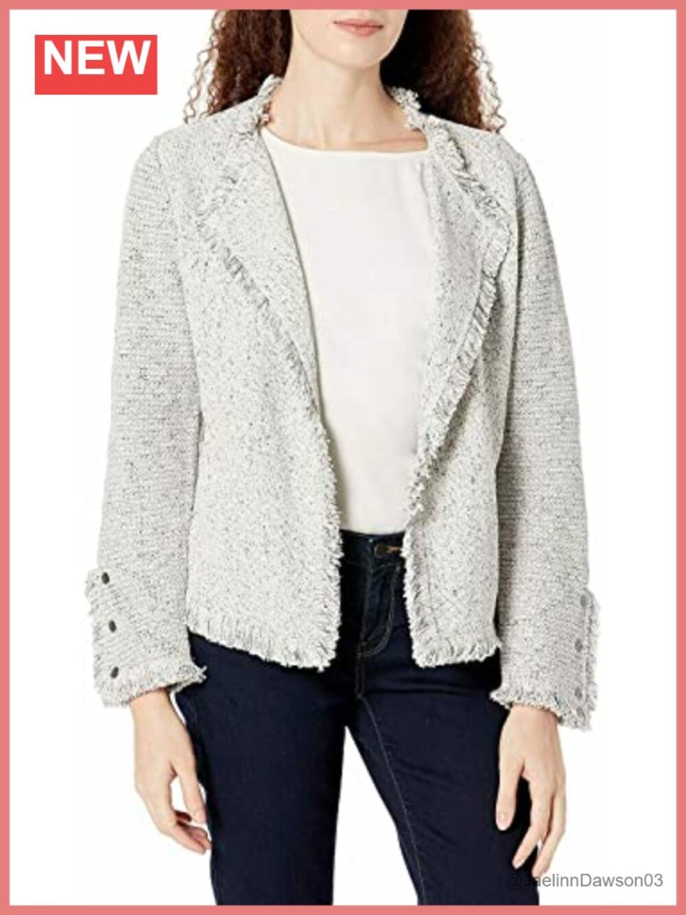 Fringe Mix Knit Jacket Notch Collar Snap Cuff Long Sleeve